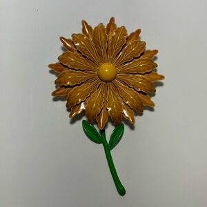 MCM Enamel Flower Pin Brooch Yellow Green Stem/Leaves Flower Power Daisy Pin